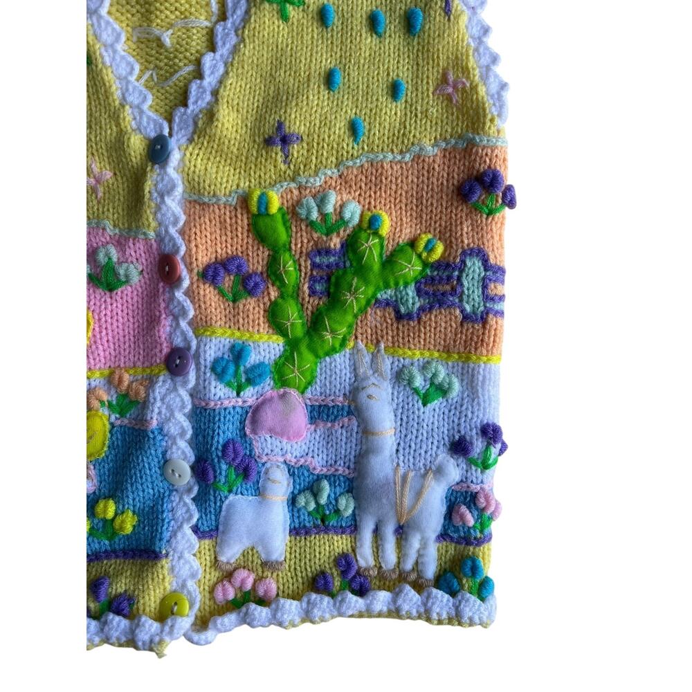 Kids Girl Vintage Embroidered Spring Cactus Llama Knitted Vest Yellow Size 5T - Picture 5 of 6
